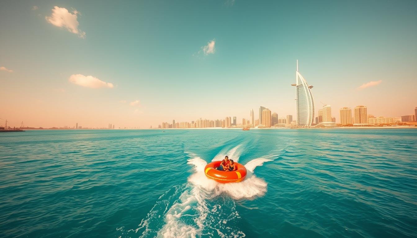 Wide-angle aerial view of a thrilling water sports activity, unfolding against the iconic backdrop of Dubai's stunning skyline. A lone donut-shaped boat glides across the serene turquoise waters, its passengers reveling in the exhilarating experience. Warm, golden sunlight bathes the scene, highlighting the architectural marvels that dot the horizon. Wispy clouds drift across a clear, azure sky, adding to the tranquil ambiance. The composition captures the perfect balance between the dynamic action and the breathtaking natural and man-made surroundings, inviting the viewer to immerse themselves in the Dubai water sports adventure.