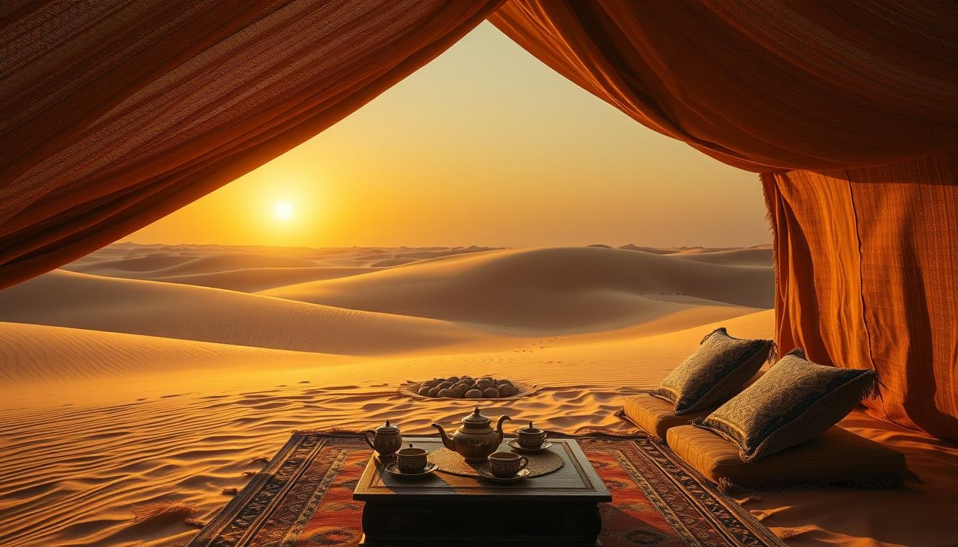 Wide-angle, cinematic shot of a traditional Bedouin tent nestled in the vast, undulating sand dunes of the UAE desert. The tent's woven fabric panels catch the warm, golden glow of the setting sun, casting soft shadows across the rippling sands. In the foreground, a low table is set with traditional Arabian tea service, inviting the viewer to experience the authentic Bedouin hospitality. The middle ground features a small campfire pit, surrounded by plush, decorative cushions, hinting at the comfort and tranquility within. The distant horizon is painted in hues of burnt orange and deep indigo, creating a serene, timeless atmosphere that evokes the essence of the Bedouin nomadic lifestyle.