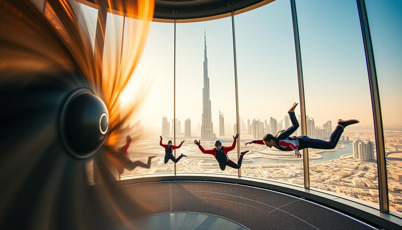 Wide-angle, cinematic shot of the indoor skydiving facility at iFly Dubai. In the foreground, the wind tunnel's powerful fans churn the air, creating a mesmerizing vortex. The middle ground features a group of skydivers, their flight suits billowing as they gracefully float and twist in the air currents. In the background, the iconic Dubai skyline, with the Burj Khalifa towering above, provides a stunning backdrop. Warm, golden sunlight filters through the windows, bathing the scene in a soft, inviting glow. The overall mood is one of exhilaration, adventure, and the thrill of human flight.