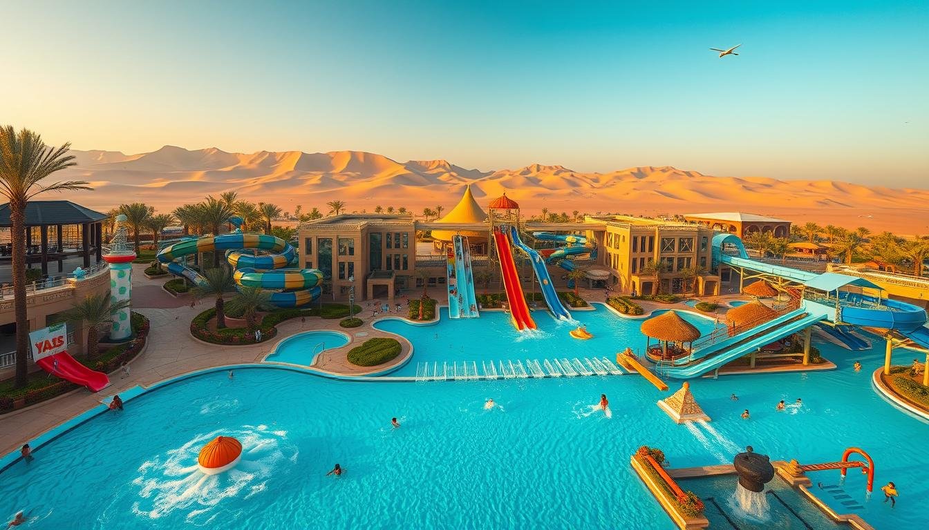 Wide-angle cinematic view of Yas Waterworld, a vibrant water park in Abu Dhabi showcasing its exhilarating rides and lush tropical landscaping. The frame captures the park's iconic architectural elements against a backdrop of the UAE's stunning desert skyline, bathed in warm, golden light. Capture the energy and excitement of the waterpark, with various water slides, splash pools, and aquatic activities visible in the mid and foreground. Utilize a dynamic, low-angle perspective to emphasize the scale and scale of the attractions, creating a sense of immersion and adventure.