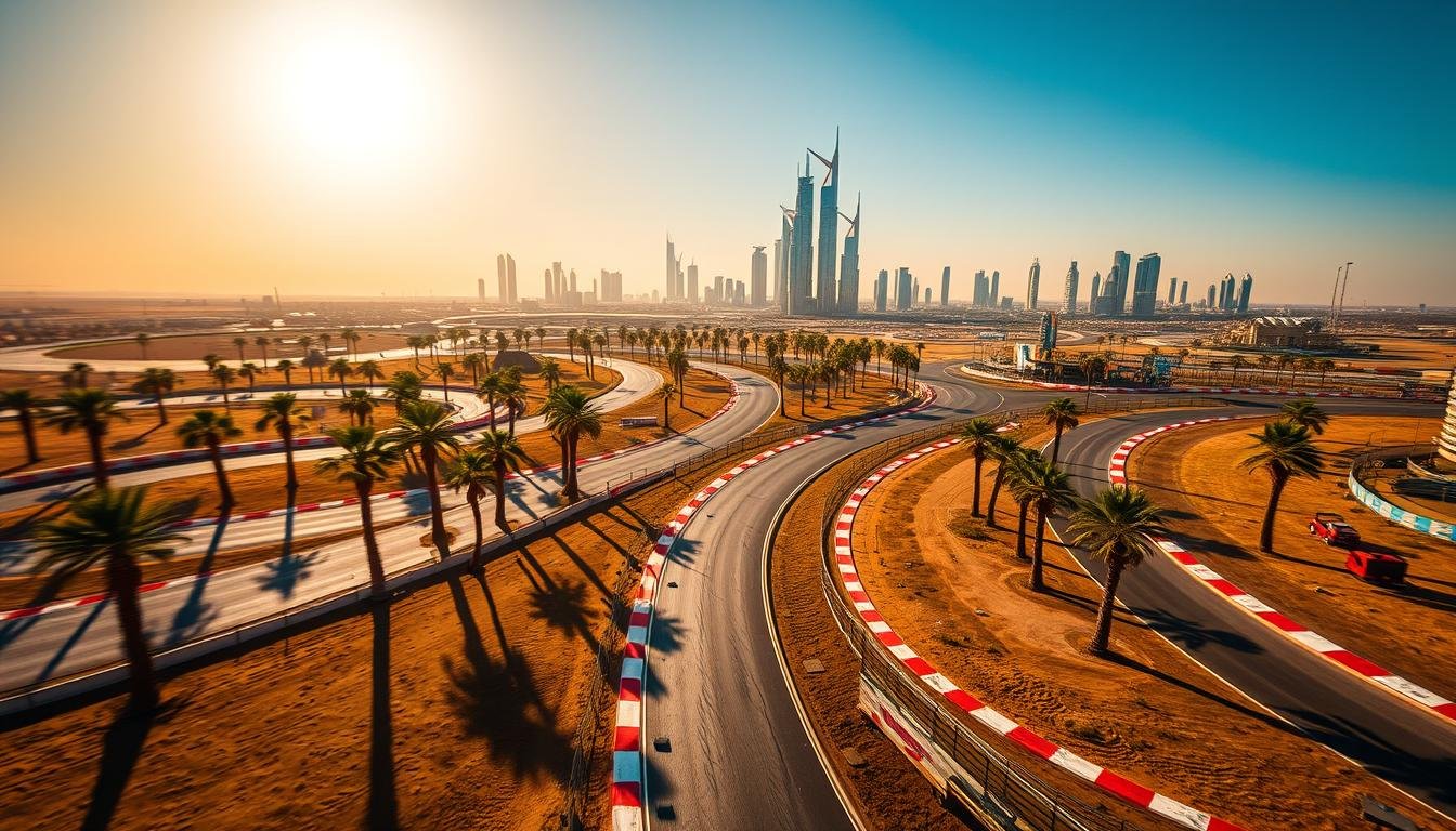 Wide-angle, dynamic shot of premier motorsports tracks nestled against a striking UAE skyline. Vibrant paved circuits wind through the frame, flanked by towering palm trees and gleaming high-rises in the distance. Warm, golden sunlight bathes the scene, casting long shadows across the tarmac. The atmosphere radiates an electrifying sense of speed and competition, inviting the viewer to imagine the roar of engines and the thrill of high-performance racing. Dramatic camera angle captures the grandeur and excitement of this premier motorsports destination.