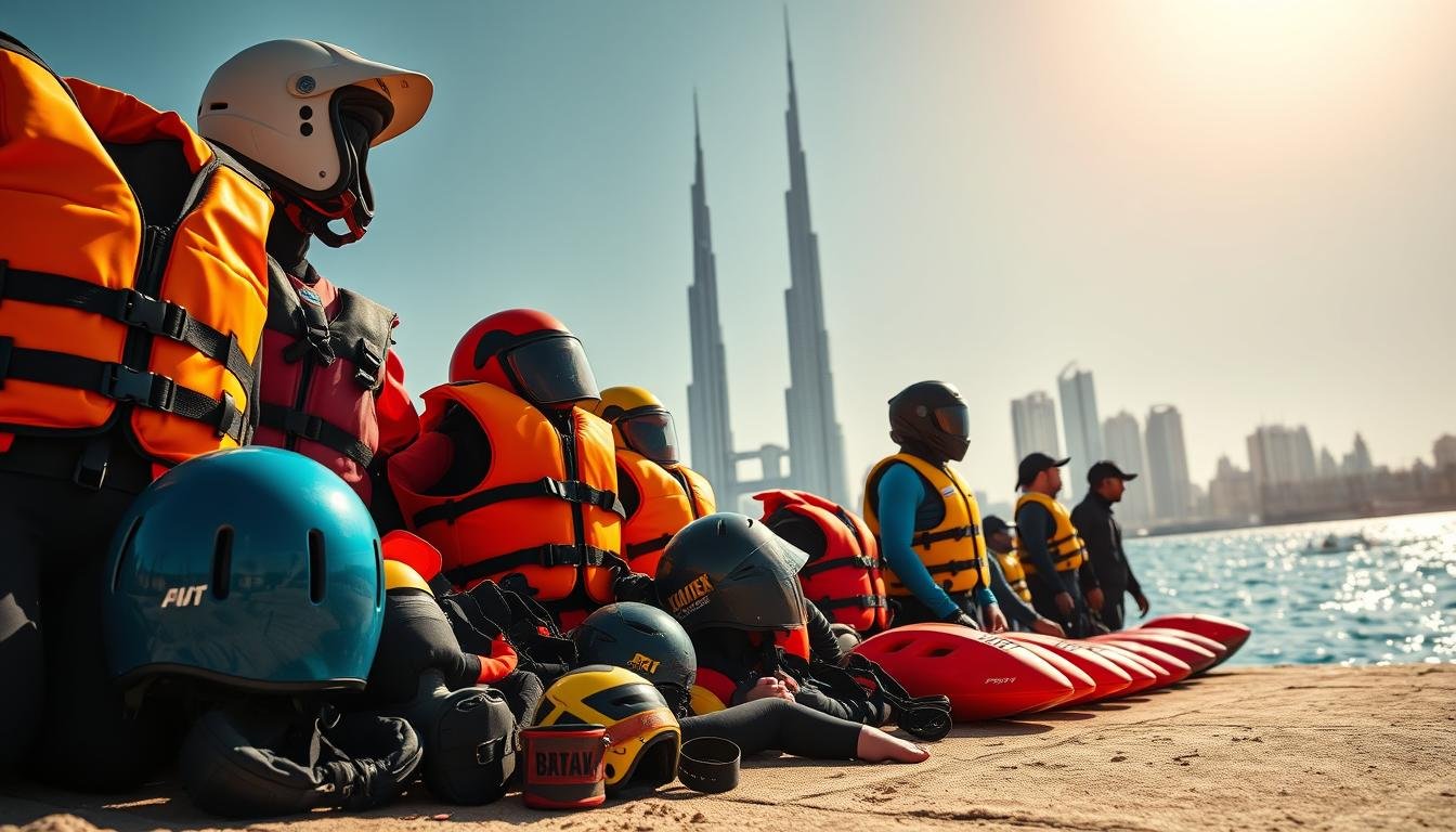 Wide-angle, high-quality photograph of a variety of water sports safety equipment arranged in the foreground, including brightly colored life jackets, impact-resistant helmets, neoprene wetsuits, and other protective gear. The equipment is positioned against a backdrop of the iconic Dubai skyline, with the Burj Khalifa visible in the distance. Warm, golden sunlight filters through a clear blue sky, creating a sense of adventure and excitement. The image conveys a feeling of preparation and safety for an upcoming water sports activity.
