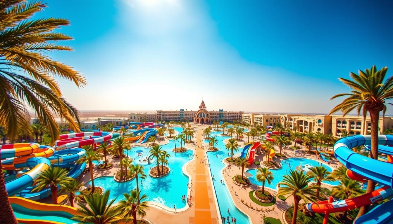 Wide-angle landscape capturing the vast Yas Waterworld adventure park in Abu Dhabi. The foreground showcases a vibrant array of water slides, lazy rivers, and thrilling rides, inviting visitors to explore the ultimate aquatic playground. The middle ground reveals lush palm trees, pristine blue pools, and sun-drenched pathways, blending seamlessly with the iconic Emirati architecture in the background. Warm, golden sunlight bathes the scene, creating a welcoming and energetic atmosphere. The clear, azure sky overhead completes the picturesque setting, highlighting the perfect balance of adventure and tranquility that defines the Yas Waterworld experience.