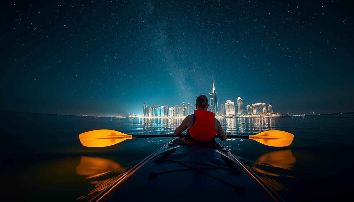 Wide-angle night scene of a solo kayaker paddling on calm waters under a starry sky, the iconic Dubai Marina skyline visible in the distance. Subtle LED lights on the kayak illuminate the surroundings, casting a warm glow. The kayaker wears a life jacket and safety equipment, focused on their journey amidst the tranquil atmosphere. The low-angle perspective captures the serene experience, highlighting the professional support and safety measures guiding the evening tour.