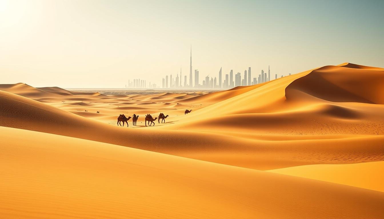 Wide-angle outdoor scene of the Dubai Desert Conservation Reserve, showcasing its breathtaking natural beauty. In the foreground, a vast expanse of golden sand dunes, sculpted by the wind into graceful curves. In the middle ground, a herd of camels leisurely grazing, their humps silhouetted against the clear, azure sky. In the background, the iconic skyline of Dubai emerges, its modern skyscrapers rising majestically on the horizon. The scene is bathed in a warm, golden light, casting long shadows and creating a serene, tranquil atmosphere. The overall composition captures the essence of the desert's peaceful solitude and the harmonious coexistence of nature and civilization.