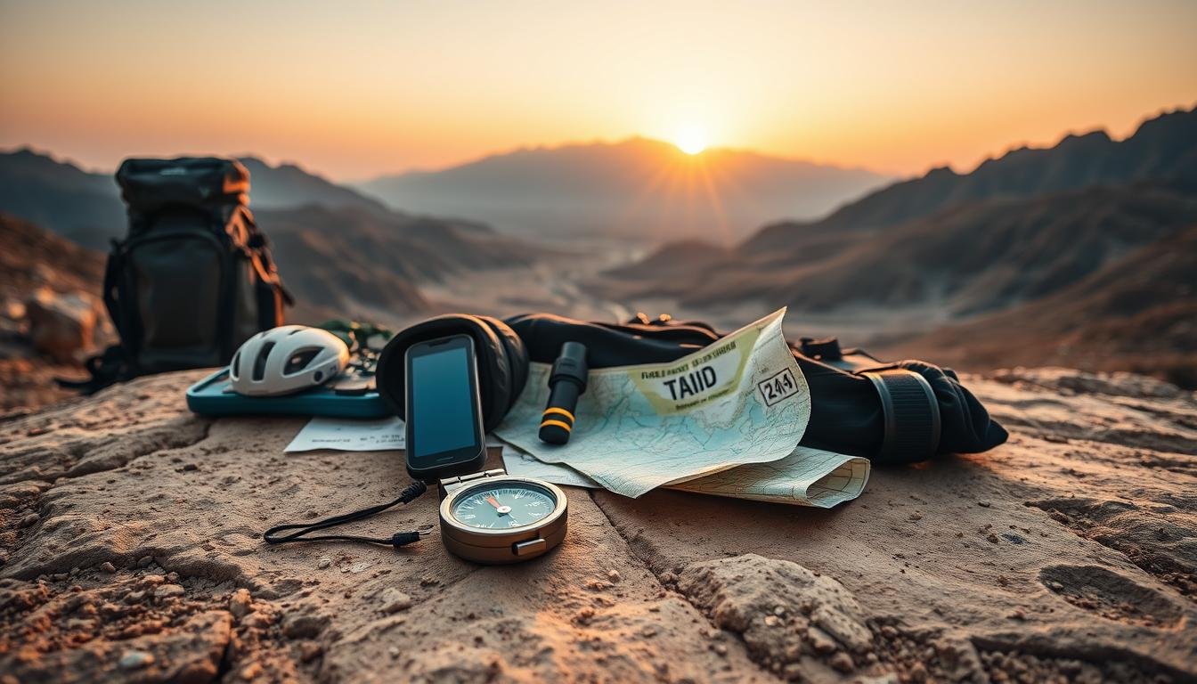Wide-angle outdoor scene showcasing a diverse collection of hiking navigation tools and accessories against the backdrop of the majestic Hajar Mountains in the United Arab Emirates. In the foreground, a compass, GPS device, hiking map, and trail markings lay neatly arranged on a rugged, weathered surface. The middle ground features a hiking backpack, water bottle, and other essential gear. In the distance, the iconic silhouette of the Hajar peaks rises under a warm, golden sunset sky, evoking a sense of adventure and exploration. The overall lighting is soft and natural, creating a serene, welcoming atmosphere for the viewer to immerse themselves in the scene.