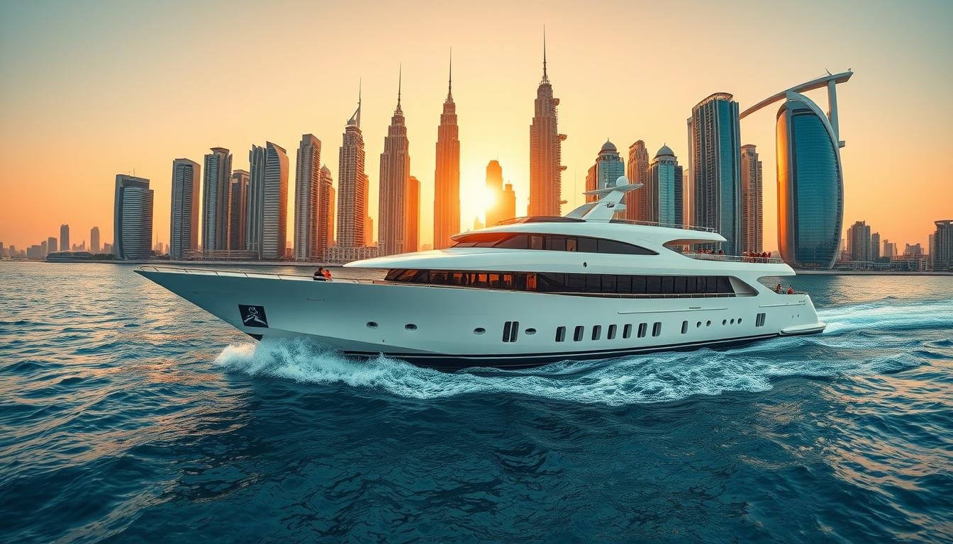 Wide-angle panoramic view of a gleaming white luxury cruise ship gracefully gliding across azure waters, framed by the iconic skyline of Dubai's skyscrapers reflecting the warm, golden glow of the setting sun. The vessel's sleek, streamlined exterior exudes sophistication, while the expansive decks and amenities speak to a world of indulgence. Guests enjoy the gentle sea breeze, sipping on artisanal cocktails and taking in the breathtaking vistas. Attention to detail is apparent in every aspect, from the impeccably maintained hull to the discreet yet attentive crew, creating an atmosphere of seamless luxury and unparalleled service.