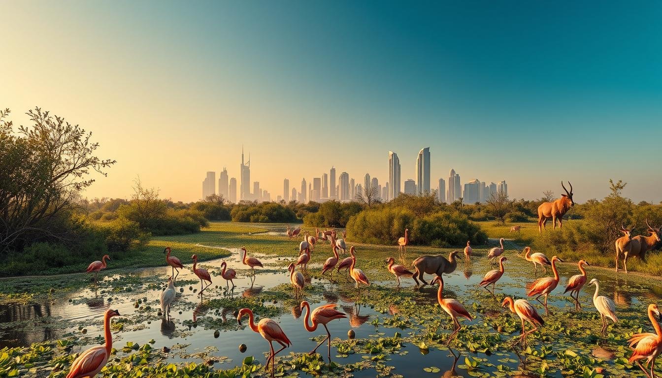 Wide-angle shot of a diverse array of wildlife thriving in the lush mangrove forests and wetlands of Abu Dhabi's national parks. In the foreground, a kaleidoscope of colorful birds - flamingos, herons, and egrets - gracefully navigate the tranquil waters. In the middle ground, glimpses of gazelles, Arabian oryx, and other desert-adapted creatures emerge from the verdant vegetation. The background features the iconic skyline of Abu Dhabi, its modern architecture bathed in warm, golden light against a clear, azure sky. An atmospheric scene that captures the hidden biodiversity and natural wonder of this Emirati conservation haven.