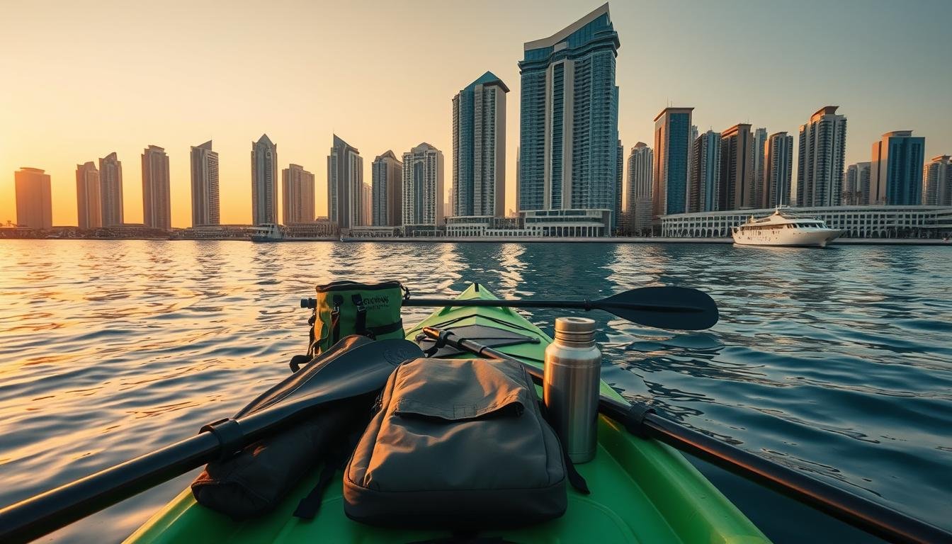 Wide-angle shot of a kayak on the calm waters of Dubai Marina, with the iconic skyscrapers of the city forming a dramatic backdrop. In the foreground, an array of essential kayaking gear is neatly arranged, including a life jacket, paddle, waterproof bag, and a thermos of hot tea. The warm, golden light of the setting sun casts a serene glow over the scene, highlighting the tranquility of the moment. The clear sky and still waters create a sense of peaceful anticipation, inviting the viewer to imagine themselves embarking on an evening kayak tour through this stunning urban waterway.