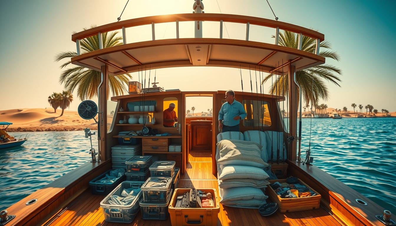 Wide-angle shot of a wooden fishing boat docked in a serene UAE harbor, its deck laden with expertly organized tackle boxes, fishing rods, and bait packages. The warm sun casts a golden glow over the scene, illuminating the idyllic backdrop of palm trees, sand dunes, and a cloudless azure sky. In the foreground, a group of anglers prepare their gear, their expressions excited and eager for the day's deep-sea adventure. The composition emphasizes the variety of fishing packages and amenities available, conveying a sense of the tailored experiences on offer for every level of enthusiast.