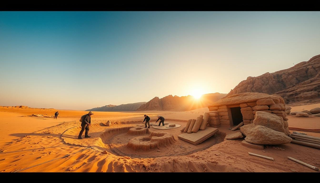 Wide-angle shot of researchers and explorers diligently excavating an ancient bronze age heritage site nestled at the base of the majestic Jebel Hafeet mountain in the United Arab Emirates. Warm golden light from the setting sun casts a gentle glow across the arid landscape, illuminating the intricate archaeological work unfolding. Rugged, weathered structures and artifacts emerge from the sandy earth, hinting at the rich cultural history of this captivating region. The clear azure sky forms a tranquil backdrop, complementing the serene, contemplative atmosphere of the exploration.