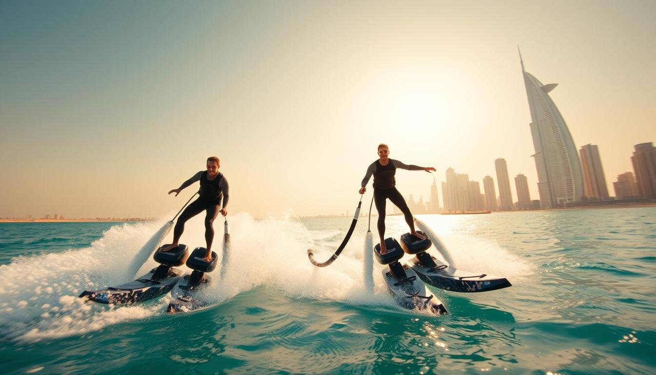 Wide-angle shot of two professional flyboarding instructors in action, showcasing their expertise on the crystal-clear waters of Dubai's iconic coastline. The foreground features the instructors, clad in neoprene wetsuits, effortlessly gliding and executing dynamic poses mid-air, with plumes of water cascading behind them. The middle ground captures the sleek, high-tech flyboards they are riding, their powerful motors propelling them to exhilarating heights. In the background, the majestic skyscrapers of Dubai's skyline rise up, bathed in warm, golden sunlight against a clear, azure sky. The overall scene radiates a sense of adventure, skill, and the premium experience promised to those seeking an unforgettable flyboarding adventure in Dubai.