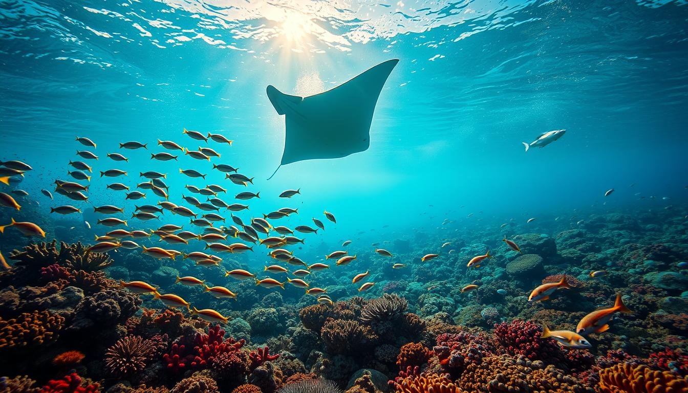 Wide-angle underwater scene of vibrant coral reef teeming with diverse marine life. In the foreground, a school of tropical fish in shimmering hues dart through the lush, swaying seascape. The middle ground reveals a graceful manta ray gliding effortlessly through the azure waters, its vast wings casting mesmerizing shadows. In the background, the iconic silhouette of Snoopy Island's distinctive cliffs rise majestically, basking in the warm glow of the sun. The overall composition captures the splendor and tranquility of Fujairah's renowned Snoopy Island diving experience.
