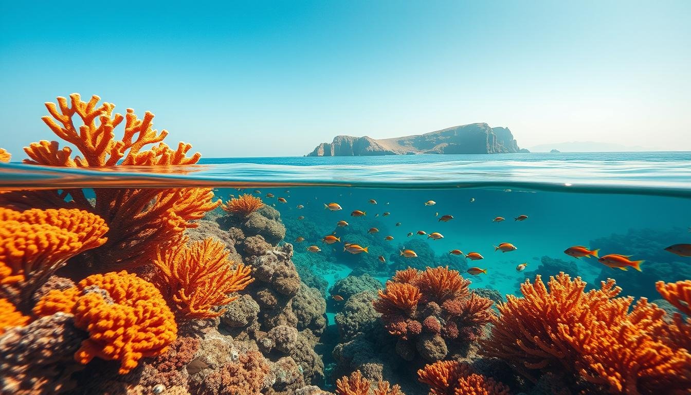Wide-angle underwater scene showcasing the lush coral reefs surrounding Snoopy Island in Fujairah, United Arab Emirates. The vibrant corals in the foreground sway gently in the clear, azure waters, their intricate patterns and colors illuminated by the warm, golden sunlight filtering down from the surface. In the middle ground, schools of tropical fish dart between the coral formations, creating a mesmerizing display of underwater life. The background features the iconic silhouette of Snoopy Island, its rugged cliffs rising above the tranquil sea, set against a cloudless sky. The overall composition captures the breathtaking natural beauty and serene ambiance of this remarkable underwater wonderland.
