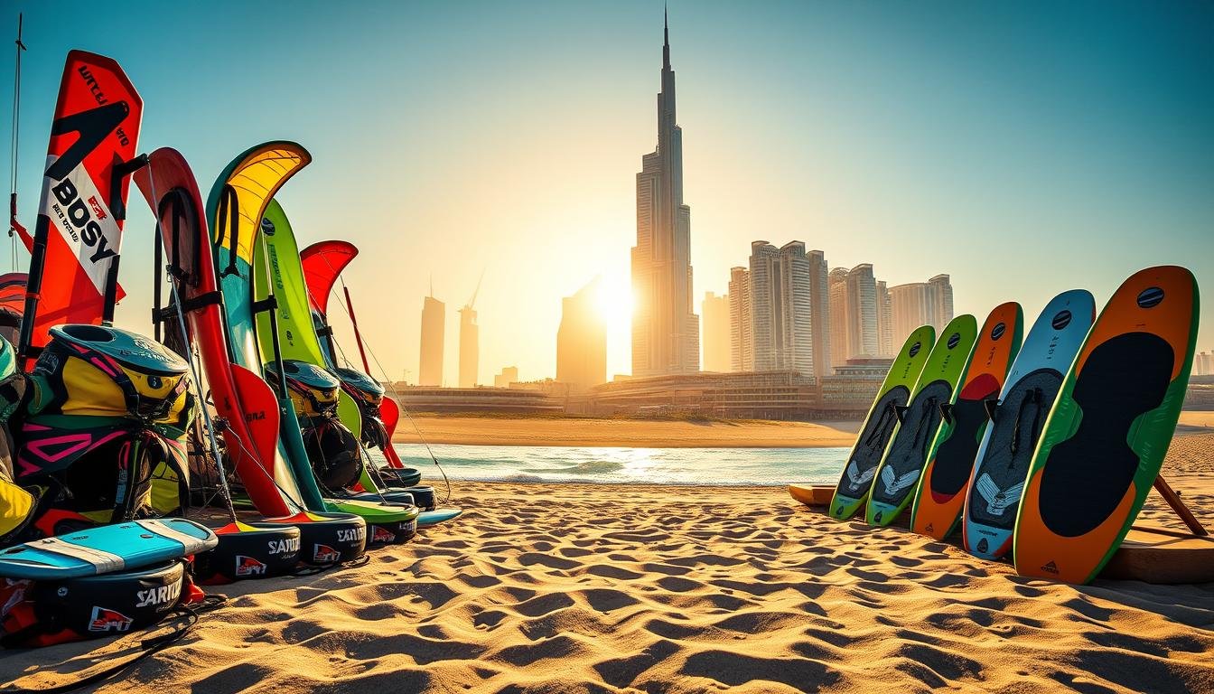 Wide-angle, vibrant scene showcasing an array of kitesurfing equipment against the iconic Dubai skyline. In the foreground, a colorful collection of kites, harnesses, and boards arranged in an appealing display. The middle ground features a pristine beach with gently lapping waves, while the distant backdrop captures the awe-inspiring silhouette of Dubai's skyscrapers under a warm, golden sun. Bright, natural lighting enhances the premium quality and technical details of the gear, inviting the viewer to envision themselves embarking on an exhilarating kite surfing adventure. The overall composition exudes a sense of excitement and anticipation, perfectly complementing the "Comprehensive Equipment Guidance and Course Details" section of the article.