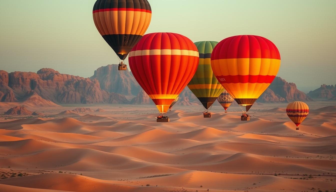 Wide-angle view of a desert landscape with majestic sand dunes and dramatic rock formations as the backdrop. In the foreground, a cluster of hot air balloons in vibrant colors float gracefully, their burners igniting in a warm, golden glow. The balloons are adorned with luxurious details, hinting at exclusive and premium flight packages. The overall scene exudes a sense of adventure, tranquility, and the thrill of soaring over the stunning UAE desert at sunrise.