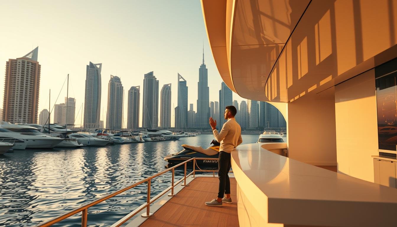 Wide-angle view of a serene marina surrounded by modern high-rise buildings, capturing the iconic Dubai skyline in the background. In the foreground, a customer is standing at a sleek, minimalist counter, gesturing animatedly as they book a jet ski tour. The scene is bathed in warm, golden light, creating a sense of excitement and anticipation for the adventure to come. The jet ski itself is visible in the middle ground, its streamlined form and bright colors hinting at the thrill that awaits.