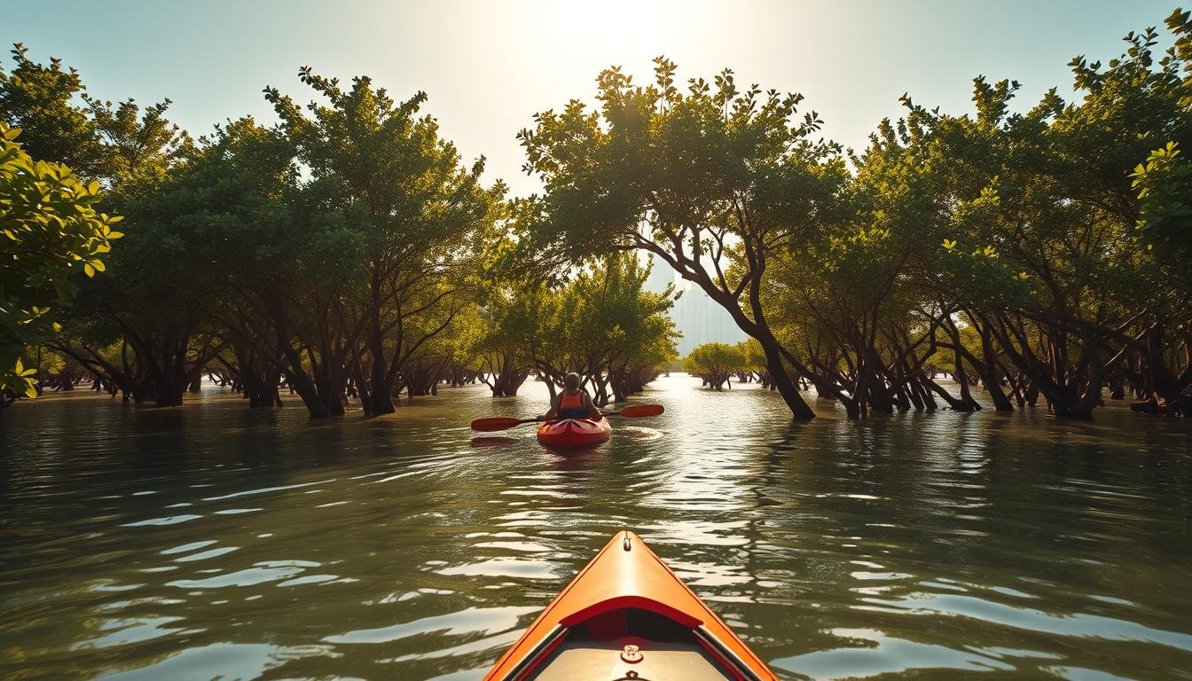 Wide-angle view of a thriving mangrove ecosystem in Abu Dhabi, framed by the iconic skyline in the distance. Sunlight filters through the lush green canopy, casting a warm, golden glow over the tranquil waters. In the foreground, visitors paddle kayaks, immersed in the serene environment and learning about the sustainable conservation practices that protect this vital natural habitat. The scene evokes a sense of harmony between human activity and the delicate mangrove wetlands, inspiring a deeper appreciation for the region's environmental stewardship.