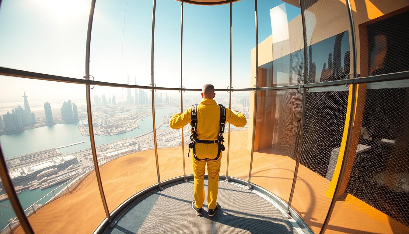Wide-angle view of an indoor skydiving facility, with the iconic Dubai skyline visible through large windows. In the foreground, a person in a bright yellow flight suit stands in a glass-enclosed chamber, their body poised and ready to launch into the vertical wind tunnel. The space is bathed in warm, natural light, creating a sense of anticipation and excitement. The chamber's mesh walls and safety gear are visible, conveying a feeling of preparation and professionalism. The background features a clear, blue sky, adding to the tranquil, serene atmosphere. The overall scene captures the thrill and adventure of the indoor free fall experience.