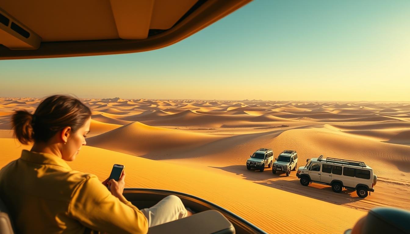 Wide-angle vista of a serene desert landscape under a warm, golden glow. In the foreground, a group of travelers seamlessly navigating the booking process on their smartphones, with a sense of effortless convenience. The middle ground features a fleet of modern, well-appointed safari vehicles, their sleek design and pristine condition conveying a premium experience. In the distance, the iconic silhouettes of towering dunes and a cloudless azure sky create a picturesque backdrop, transporting the viewer to the heart of the UAE's majestic desert.
