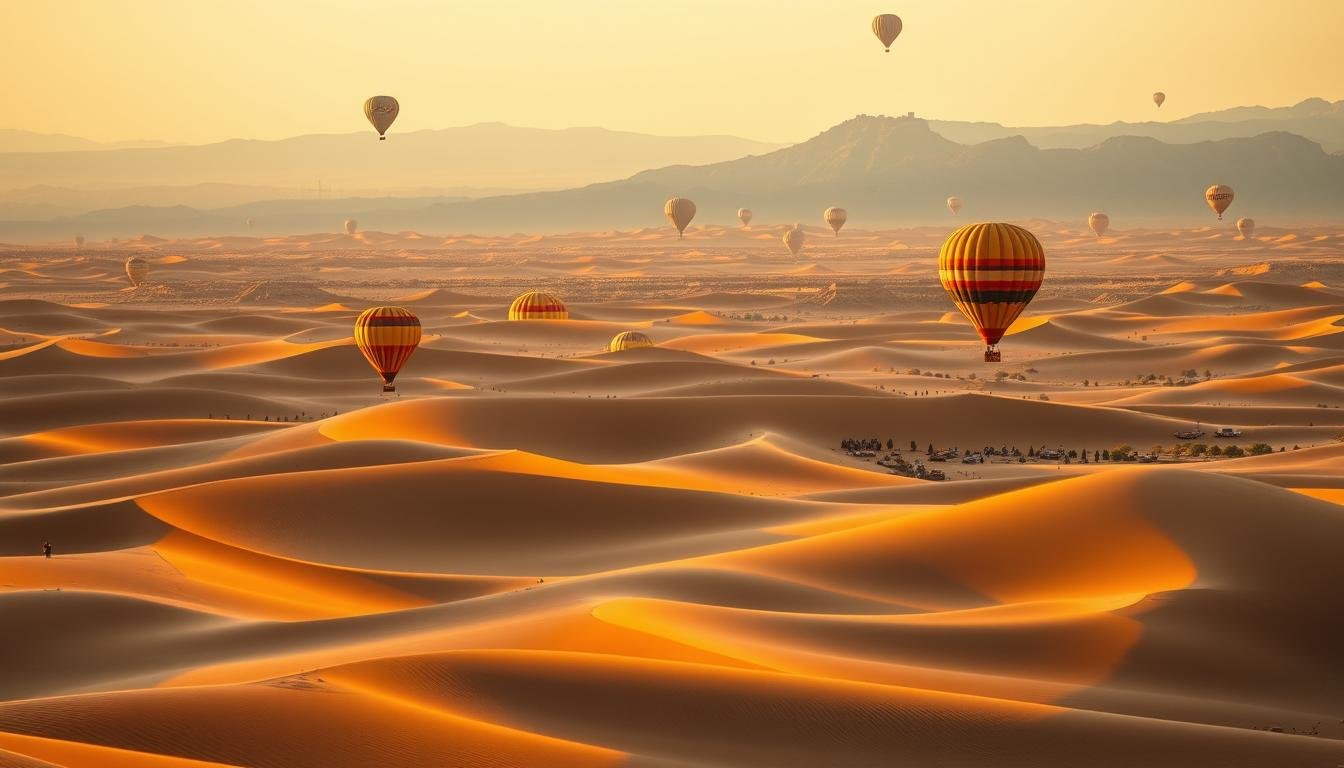 wide-angle desert landscape with hot air balloons drifting in a clear sky, warm golden morning sunlight illuminating the rolling sand dunes, dramatic shadows and highlights across the foreground, telephoto lens captures the silhouettes of the balloons against the distant horizon, panoramic field of view to showcase the vast, unspoiled desert scenery