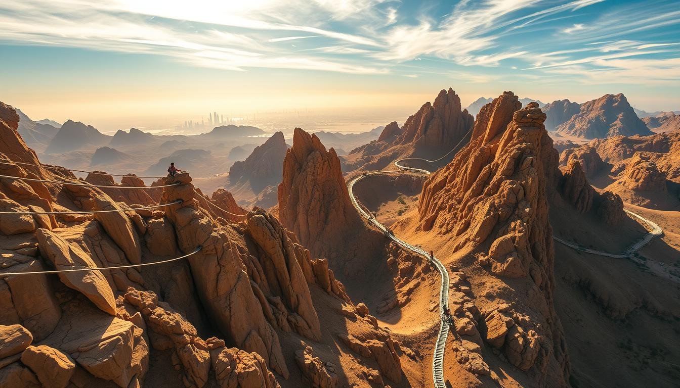 A breathtaking wide-angle view of a thrilling zipline circuit winding through rugged mountains, set against the iconic Dubai skyline. The course traverses rocky ravines and snakes between towering peaks, challenging adventurers to soar high above the arid landscape. Warm, golden light bathes the scene, casting dramatic shadows and highlighting the exhilarating twists and turns of the ziplines. Pristine blue skies with wispy clouds provide a picturesque backdrop, inviting visitors to experience the ultimate Dubai mountain adventure.