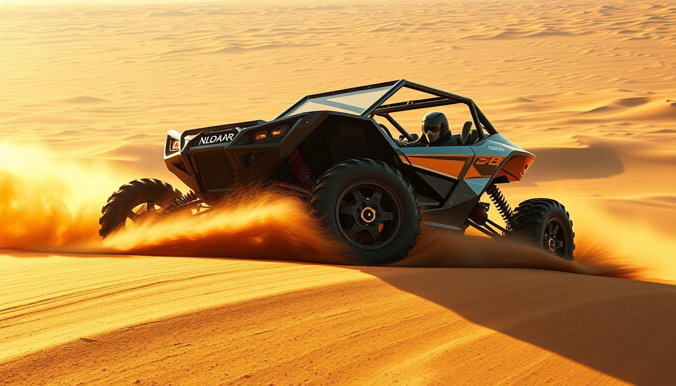 A high-performance dune buggy rips across the rippling golden dunes of the Dubai desert, kicking up a plume of sand under the warm glow of the setting sun. The vehicle's rugged off-road tires and reinforced chassis hug the terrain as it navigates the undulating landscape, its powerful engine roaring with energy. In the foreground, the dune buggy's sleek, aerodynamic profile is illuminated by the soft, diffused light, showcasing its bold, angular design and gleaming chrome accents. In the middle ground, the vast, sweeping expanse of the desert stretches out, its mesmerizing patterns of dunes and ripples framed by a clear, azure sky. The overall scene conveys a sense of exhilaration, adventure, and the raw, untamed beauty of the UAE's iconic desert environment.