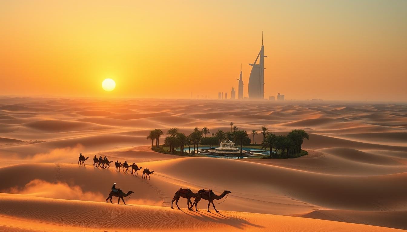 A majestic Arabian desert landscape at golden hour. In the foreground, a caravan of camels ambles across the rolling sand dunes, their rhythmic stride kicking up billowing clouds of dust. The middle ground features a picturesque oasis, with swaying palm trees and a shimmering pool of water reflecting the warm orange glow of the setting sun. In the distance, the iconic silhouette of Dubai's skyscrapers rises against a clear azure sky, creating a stunning juxtaposition between ancient and modern. The scene is bathed in soft, diffused lighting, casting long shadows and highlighting the textural details of the desert terrain. Capture the sense of adventure and timelessness of this quintessential Middle Eastern experience.