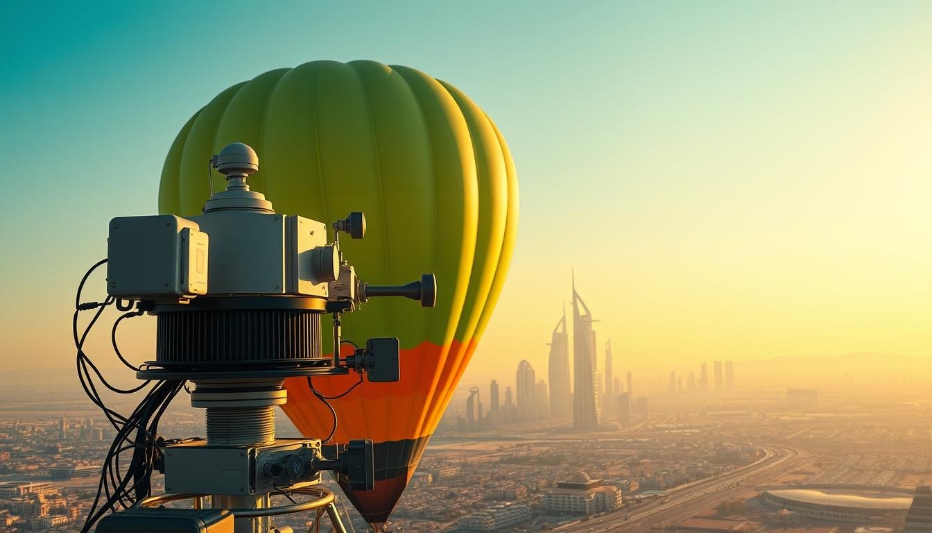 A majestic hot air balloon hovering against the backdrop of Dubai's iconic skyline, its vibrant colors and graceful silhouette illuminated by the warm golden glow of the rising sun. In the foreground, an array of meteorological instruments and sensors meticulously track the wind patterns, temperature, and humidity, providing the balloon's crew with critical data to navigate the optimal flight path. The clear azure sky and the glistening cityscape below create a serene and captivating atmosphere, highlighting the perfect balance between technological precision and the awe-inspiring beauty of the natural world.