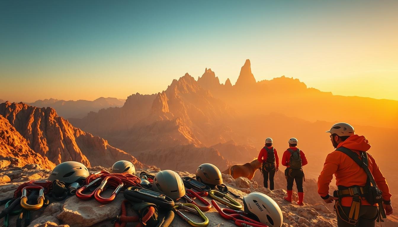 A rugged mountainous landscape with the majestic Jebel Jais peaks rising in the distance, bathed in warm golden light under a clear sky. In the foreground, a group of adventurers, outfitted in high-quality safety gear, prepare to tackle the challenging via ferrata route. Carabiners, harnesses, and helmets lie neatly organized, conveying a sense of meticulous preparation. The scene exudes an atmosphere of adrenaline-fueled exploration, with the backdrop of the iconic UAE terrain adding to the dramatic and immersive setting.