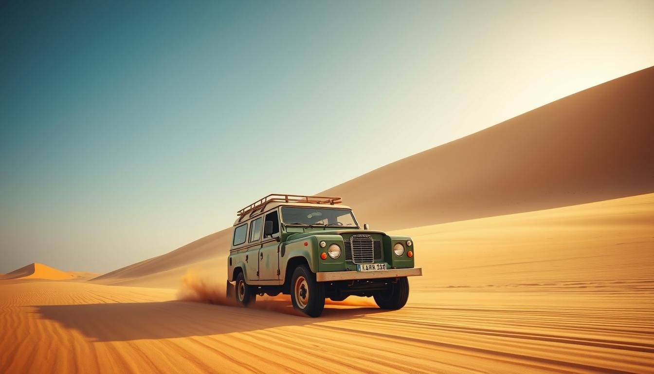 A rugged vintage Land Rover SUV navigates through the sweeping golden sands of the Dubai desert, its iconic silhouette standing tall against a backdrop of towering dunes and a cloudless azure sky. The warm, golden light of the afternoon sun casts a soft, nostalgic glow, highlighting the vehicle's weathered features and evoking a sense of timeless adventure. The wide-angle shot captures the vast, expansive landscape, conveying the exhilaration of a private safari journey through the untamed terrain. This breathtaking desert vista epitomizes the scenic and awe-inspiring beauty of the region, perfectly encapsulating the essence of the "Private Safari Journeys and Scenic Desert Views" section.