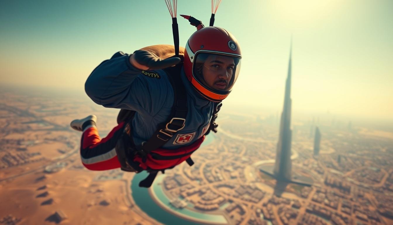 A skydiver gracefully descending, clothed in a vibrant jumpsuit emblazoned with safety insignia. Vibrant Dubai skyline in the distant background, with the iconic Burj Khalifa piercing the clear blue sky. Dramatic lighting casts a warm, golden glow across the scene, accentuating the dynamic motion and thrill of the descent. A wide-angle lens captures the expansive vista, placing the skydiver in the center of the frame, surrounded by the vast, open expanse of the UAE landscape. An awe-inspiring, cinematic depiction of the exhilarating world of skydiving safety protocols.