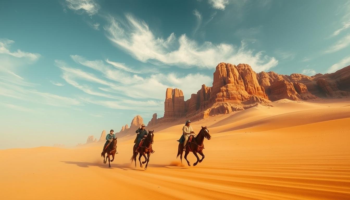 A stunning wide-angle view of a thrilling desert horseback riding adventure in the UAE. In the foreground, a group of riders gallop across the golden sand, their horses kicking up dust in the warm, golden light. The middle ground features rugged sandstone formations and rolling dunes, creating a dramatic, iconic desert landscape. In the background, a clear blue sky with wispy clouds overhead, casting a serene atmosphere over the scene. The riders' silhouettes are visible, conveying a sense of motion and excitement as they explore the vast, untamed wilderness. Soft, diffused lighting illuminates the panoramic view, evoking a sense of wonder and adventure.