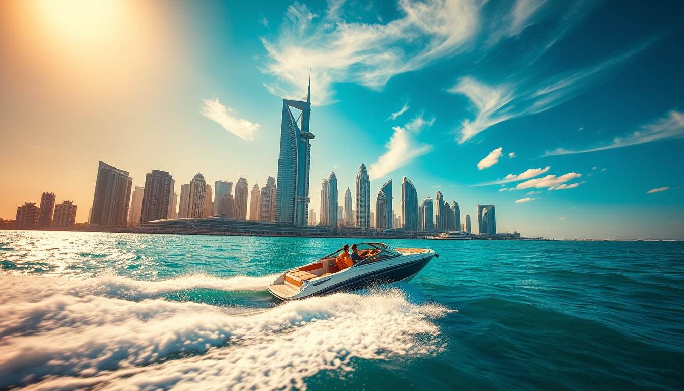 A sun-dappled seascape of Dubai's iconic skyline, framed by a dramatic coastal backdrop. In the foreground, a speeding powerboat carves through the turquoise waters, its passengers thrilled by the exhilarating ride. Warm golden light bathes the scene, highlighting the sleek lines of the vessel and the towering skyscrapers that rise up in the distance. The sky is a brilliant azure, dotted with wispy clouds that add a sense of motion and dynamism to the composition. The image captures the perfect balance between the thrill of the speedboat adventure and the serene beauty of the surrounding landscape, inviting the viewer to experience the captivating Dubai Marina from a fresh, exciting perspective.
