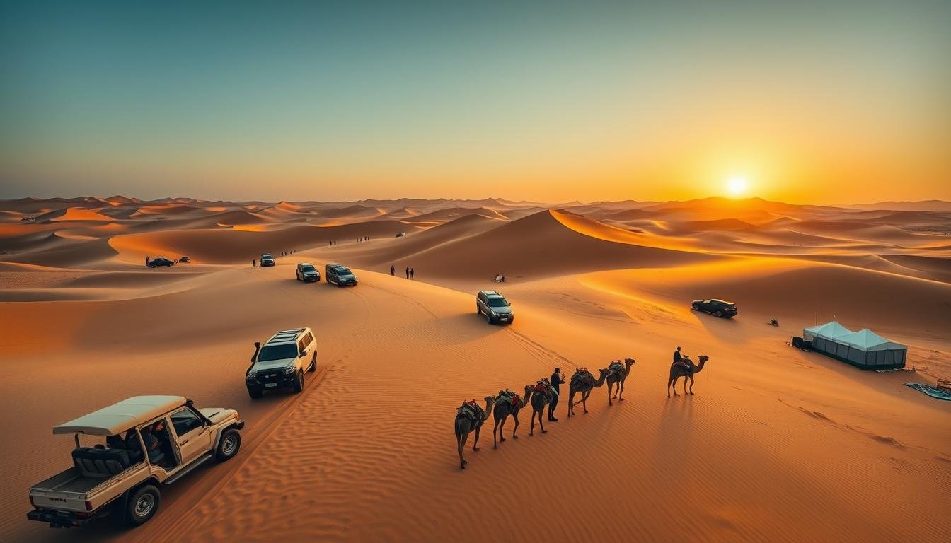 A sweeping aerial view of a desert safari operation in the Dubai dunes, with a fleet of luxury 4x4 vehicles navigating the golden sands under the warm glow of a setting sun. In the foreground, a team of guides assists guests in boarding the waiting camels, their silhouettes cast against the backdrop of towering dunes and a clear, azure sky. The middle ground features tents and equipment, hinting at the logistical support required to orchestrate this authentic desert experience. The wide-angle lens captures the expansive scale and picturesque serenity of this quintessential UAE landscape.