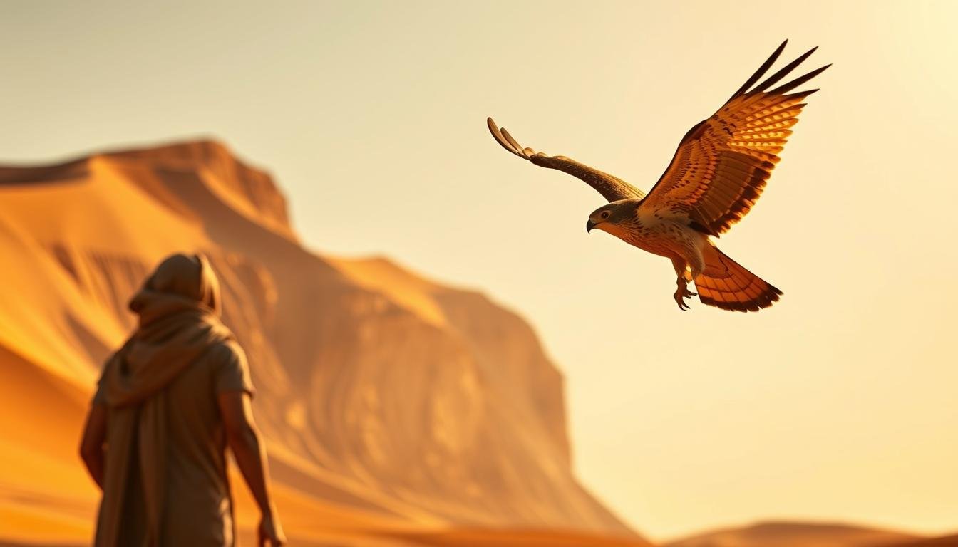 A thrilling live falconry demonstration in the heart of the Abu Dhabi desert, with a majestic falcon soaring gracefully against the backdrop of towering dunes and a vibrant, cloudless sky. Warm, golden light bathes the scene, creating an atmosphere of wonder and tranquility. The falcon's powerful wings are outstretched, its sharp talons poised for action, as it glides effortlessly through the expansive, awe-inspiring landscape. In the foreground, a spectator's silhouette stands in awe, capturing the captivating essence of this unique desert falconry experience.