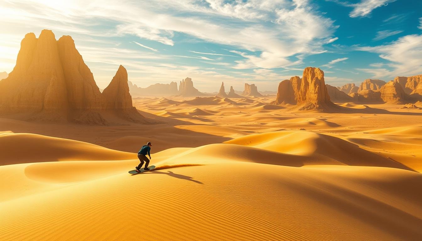 A thrilling sandboarding adventure against the backdrop of Dubai's iconic desert landscape. In the foreground, a lone figure rides down the golden dunes, board carving graceful turns through the fine sand. Towering cliffs and rolling hills fill the middle ground, casting long shadows across the undulating terrain. The sky above is a brilliant azure, with warm sunlight filtering through wispy clouds. A sense of freedom and exhilaration pervades the scene, inviting the viewer to experience the thrill of this extreme desert sport.