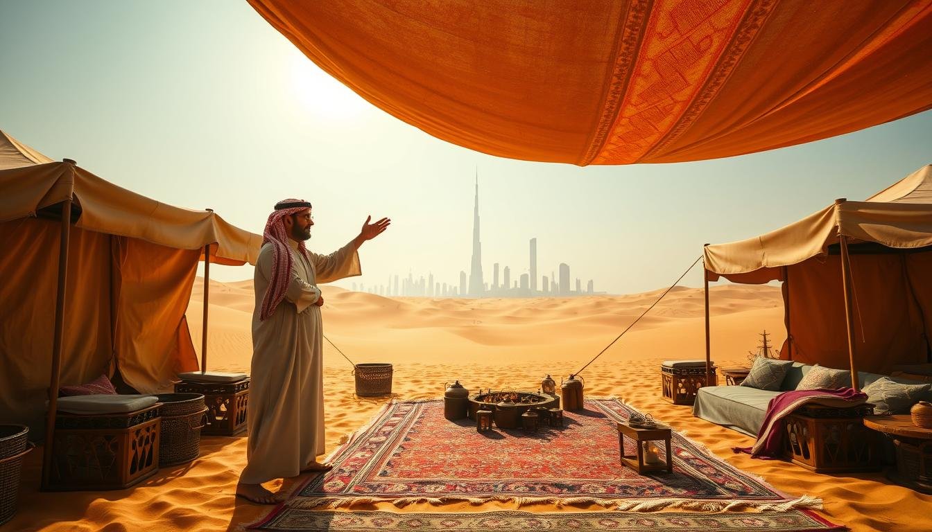 A vast expanse of golden sand dunes, dotted with weathered tents and flickering campfires. A traditionally dressed Bedouin host gestures warmly, inviting guests to experience the timeless hospitality of the desert. Plush rugs and ornate lanterns adorn the intimate gathering area, bathed in a warm, golden glow. In the distance, the iconic silhouette of the Dubai skyline stands tall against a clear, azure sky. This wide-angle scene captures the essence of a unique desert safari experience, where ancient traditions and modern marvels converge to create an unforgettable moment of tranquility and wonder.
