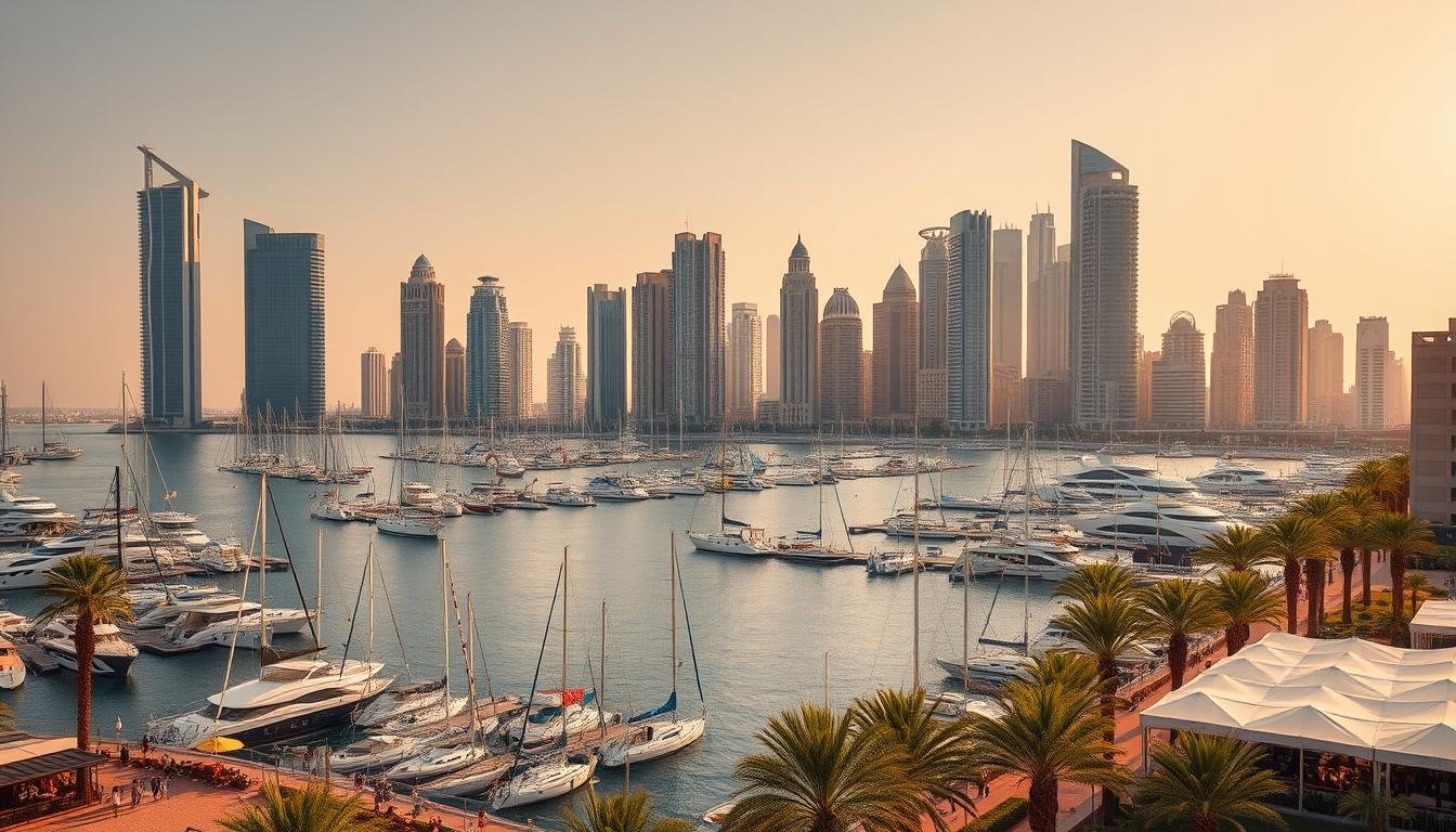 A wide-angle aerial view of a lively marina set against the iconic Dubai skyline. The tranquil waters of the harbor are dotted with sailboats, yachts, and parasailing rigs, reflecting the warm, golden light of the clear sky above. In the foreground, the marina's promenade bustles with activity, dotted with palm trees and vibrant casual dining spots. The towering skyscrapers of Dubai's modern architecture rise in the background, creating a breathtaking urban seascape. The scene conveys a sense of adventure, leisure, and the unique blend of natural beauty and metropolitan sophistication that defines the Jumeirah Beach experience.