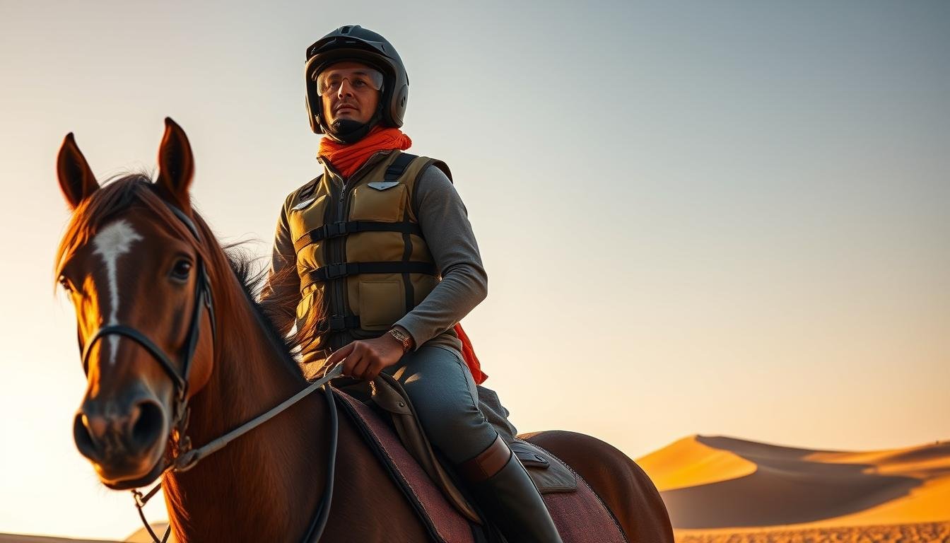 A wide-angle shot of an experienced horseback rider in the Dubai desert, donning essential safety gear. A sturdy helmet, protective vest, and well-fitted riding boots adorn the figure, who sits atop a majestic Arabian horse. The warm, golden light of the setting sun casts a soft glow, accentuating the rider's confident posture and the horse's powerful stance. In the background, the iconic silhouette of the UAE's desert landscape, with rolling dunes and a clear, azure sky, creates a breathtaking backdrop for this scene of comfort, safety, and the thrill of desert exploration.