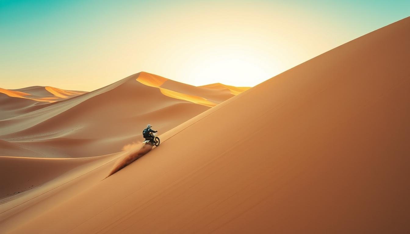 A wide, sweeping vista of towering dunes in the iconic UAE desert landscape. A lone dirt bike, its rider leaning forward, accelerates up the steep sandy slope, kicking up a billowing cloud of dust in its wake. The warm, golden sunlight bathes the scene, casting deep shadows across the undulating terrain. The clear, azure sky above provides a vibrant backdrop, heightening the sense of exhilaration and adventure. The rider navigates the dunes with skill and precision, capturing the thrill of this unique motocross experience.