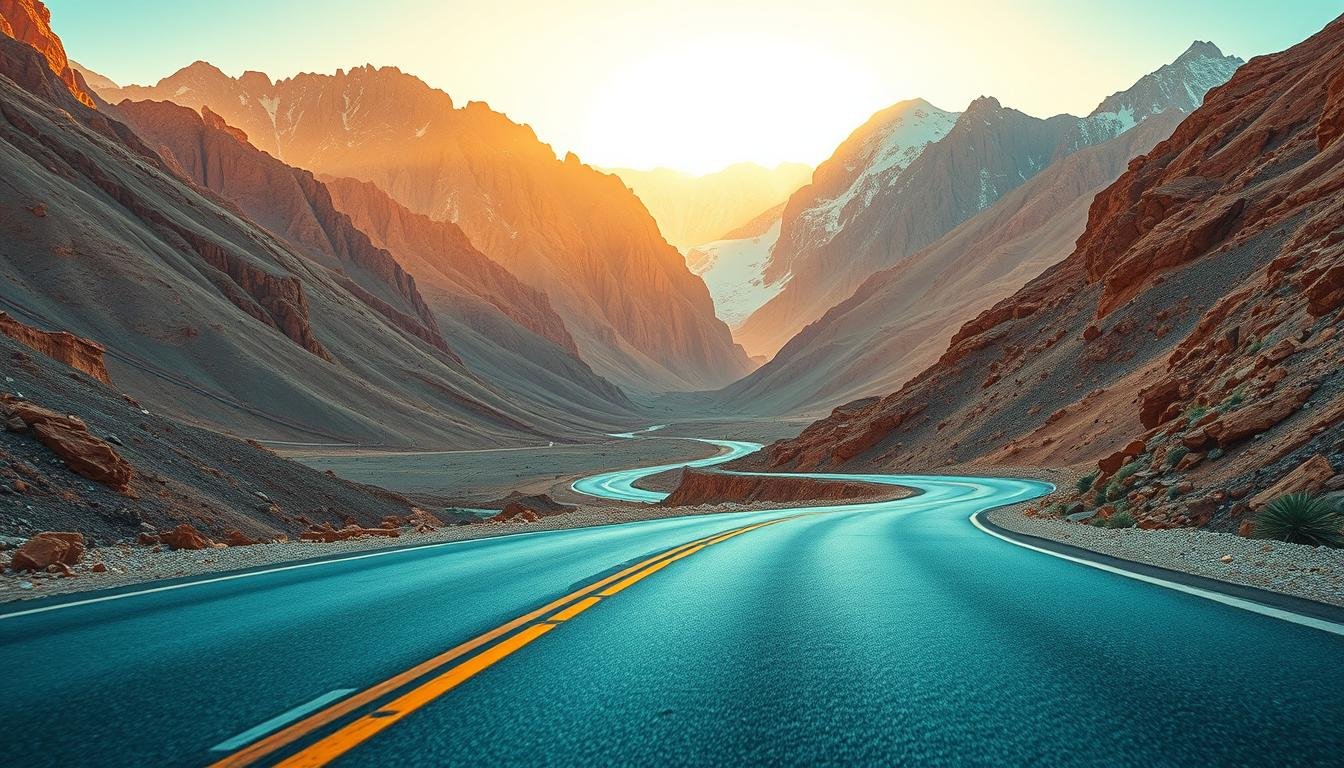 A winding mountain road snakes through the rugged, ochre-hued peaks of Jebel Jais, the tallest mountain in the United Arab Emirates. The sun casts a warm, golden glow over the scene, illuminating the dramatic landscape. The road curves gracefully, inviting the viewer to follow its path into the distance, where the craggy summits touch the clear, azure sky. In the foreground, the smooth pavement leads the eye towards the towering, snow-capped mountains that form the iconic backdrop, creating a sense of scale and grandeur. This wide-angle, hero shot captures the awe-inspiring beauty and adventure of the Jebel Jais mountain road, the gateway to an unforgettable experience in Ras Al Khaimah.