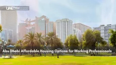 Abu Dhabi city buildings with park and palm trees for affordable housing
