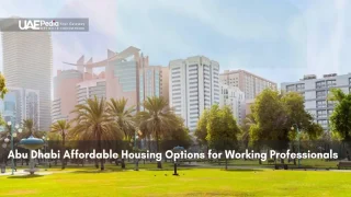 Abu Dhabi city buildings with park and palm trees for affordable housing