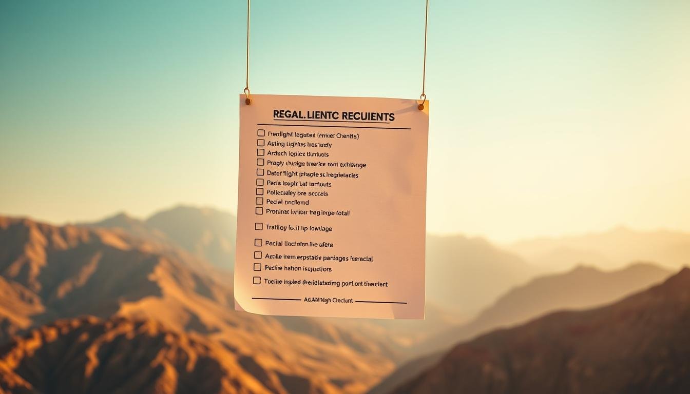 Aerial flight requirements checklist: A meticulously organized list of essential items suspended against a breathtaking backdrop of Fujairah's majestic mountains. The scene is bathed in warm, golden light, with a clear, azure sky serving as the canvas. The items are presented in a clean, organized manner, emphasizing the importance of preparation and safety for the upcoming zip line adventure. The camera angle is wide, capturing the grandeur of the natural setting while highlighting the critical information needed for a successful and thrilling experience.