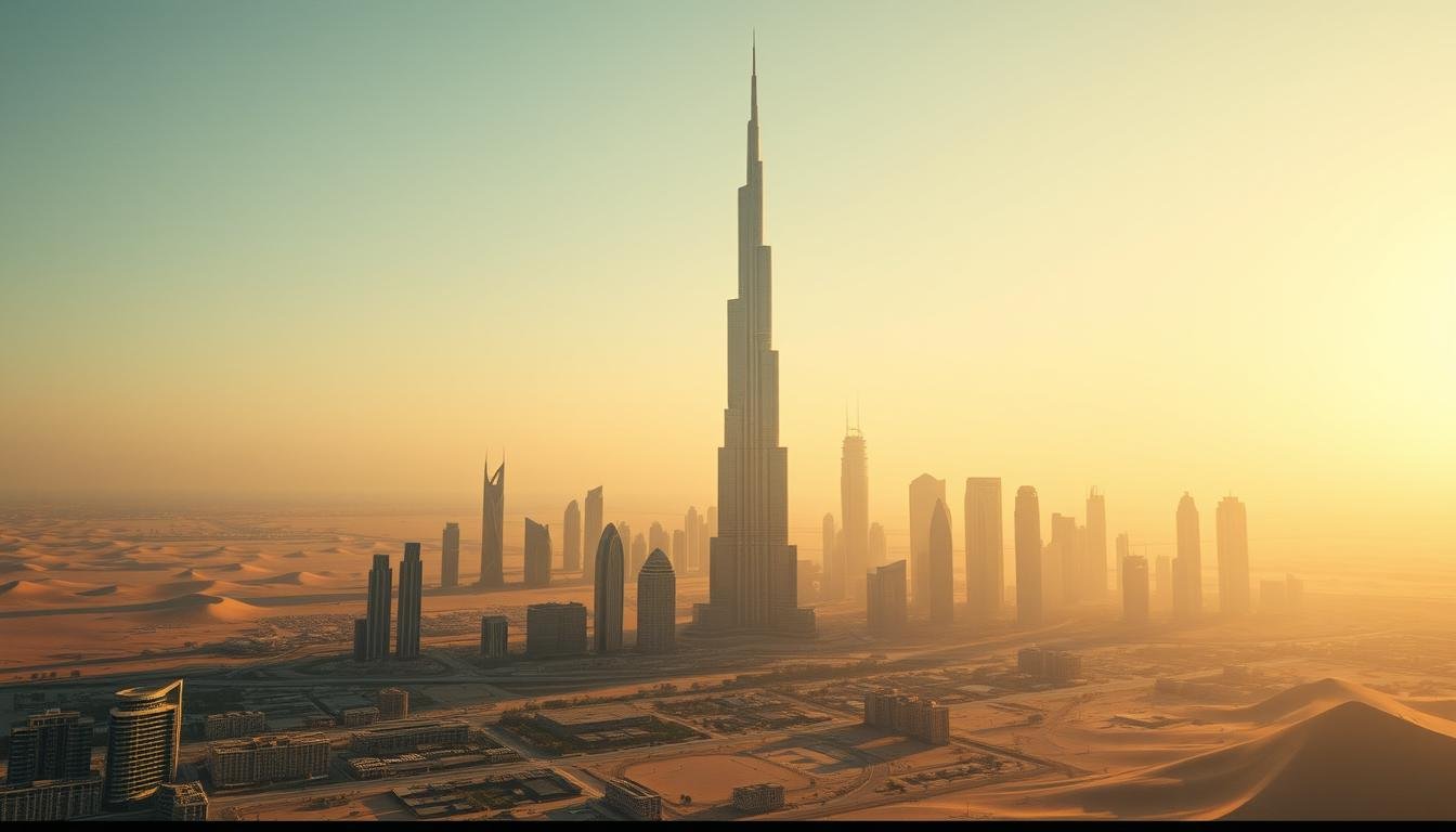 Aerial shot of Dubai's iconic skyline, featuring the Burj Khalifa and other towering skyscrapers set against a dramatic desert landscape. The warm, golden light of the setting sun casts long shadows, creating a sense of depth and drama. The camera angle is tilted slightly to capture the sweeping vista, showcasing the city's unique blend of modern architecture and natural beauty. The scene is devoid of people, allowing the viewer to fully immerse themselves in the breathtaking scenery.