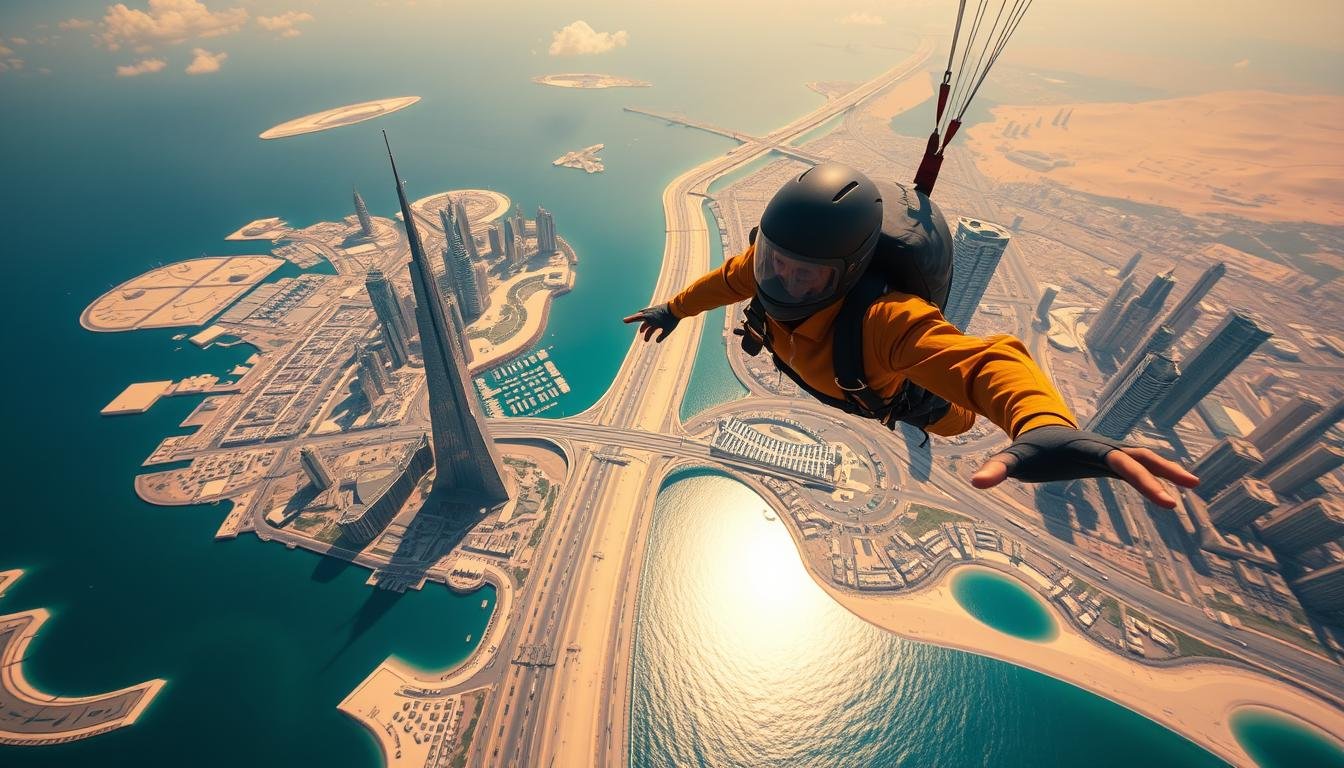 Aerial vista of a daring skydiver soaring over the iconic skyline of Dubai, UAE. Dramatic wide-angle perspective captures the plunging descent against a backdrop of towering skyscrapers, sun-dappled desert vistas, and the sparkling waters of the Arabian Gulf. Warm, golden light bathes the scene, heightening the sense of exhilaration and adventure. The skydiver is a solitary figure, their body in a graceful, extended free-fall pose, conveying the breathtaking thrill of this aerial dance high above the earth.