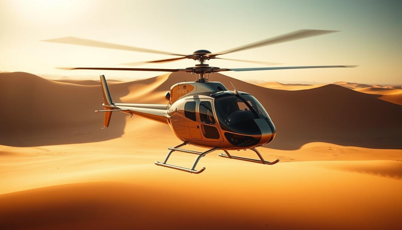 Aerial vista of a luxury helicopter whisking over Dubai's sweeping desert expanse, capturing the thrill of a special occasion transfer experience. The sleek aircraft glides effortlessly against a backdrop of towering dunes, sun-drenched and golden. Warm light bathes the scene, casting long shadows and highlighting the helicopter's metallic sheen. The wide-angle perspective emphasizes the vast, majestic landscape, creating a sense of excitement and adventure. No people are visible, allowing the focus to remain on the captivating interplay of machine and environment.