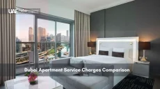 Modern Dubai apartment bedroom with marina view through large windows