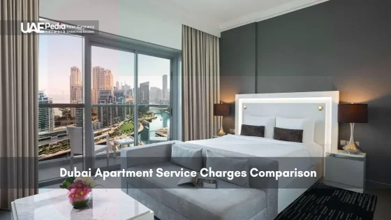 Modern Dubai apartment bedroom with marina view through large windows